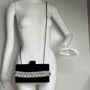 House of Harlow 1960 Black Velvet Crystal Rhinestone Handle Crossbody Clutch Bag